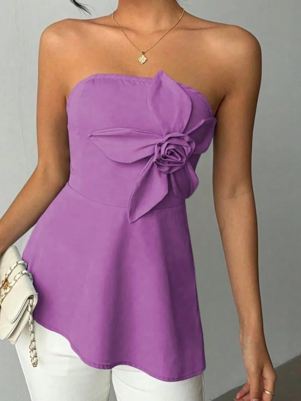 Purple Casual Women's Elegant 3d Floral Asymmetrical Hem Tube Top Party